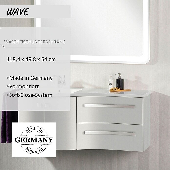 Camargue Wave Waschtischunterschrank (54 x 120 x 50 cm, Links, Weiß, Hochglanz)