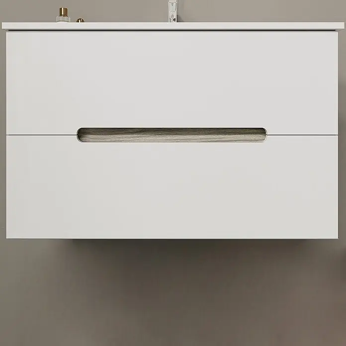 Kiamami Valentina Badmöbel-Set - Weiß - Weißer wandmontierter Badunterschrank mit zwei Schubladen und integriertem Griff in Holzoptik.