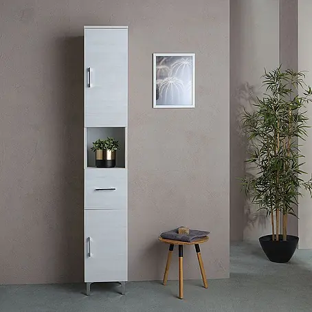 KV 190 cm großer Hochschrank in Holzoptik Eiche weiß mit Regalböden aus Glas | Rimini