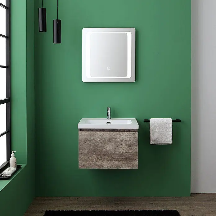 Kiamami Valentina Badmöbel-Set - Zementfarbe - Wandhängender Badezimmer-Waschtisch mit rustikalem Holz-Look-Unterschrank, weißem Waschbecken und beleuchtetem LED-Spiegel.