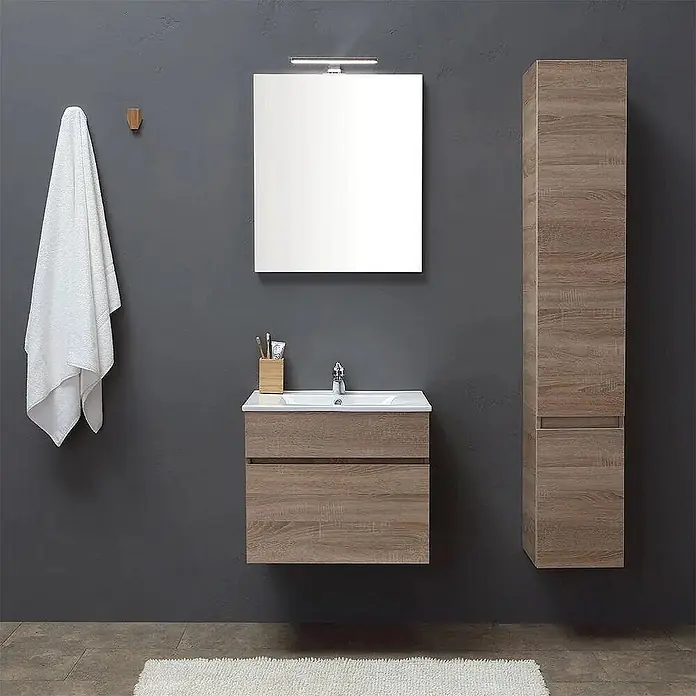 Kiamami Valentina Badmöbel-Set - Helles Holz - Modernes schwebendes Badezimmer-Set in Holzoptik, mit Waschbecken, Spiegel und Hochschrank.