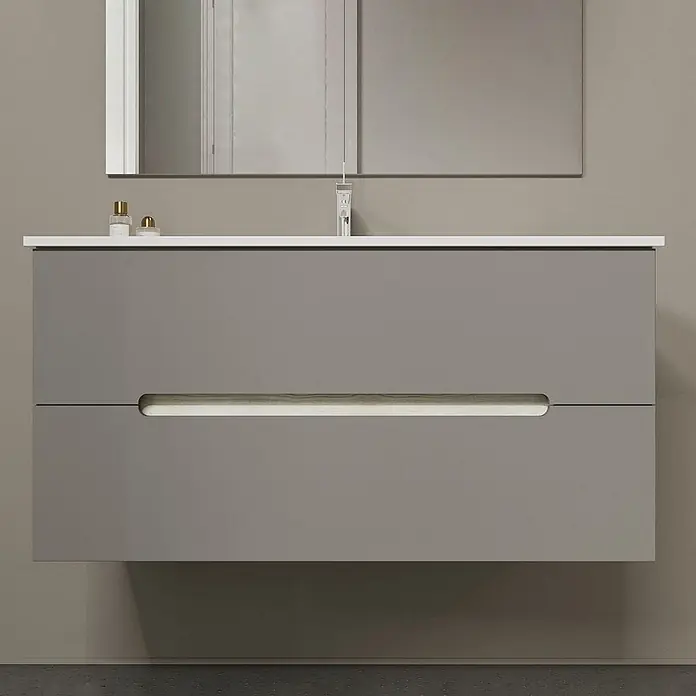Kiamami Valentina Badmöbel-Set - Grau - Grauer wandmontierter Waschtisch mit weißer Platte und integriertem Lichtgriff für zwei Schubladen.