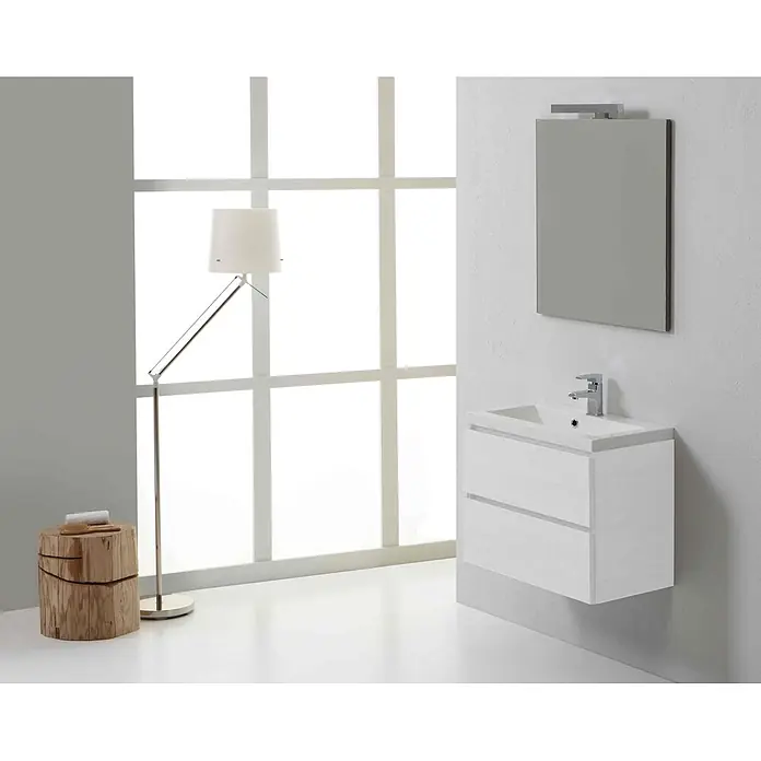 Kiamami Valentina Badmöbel-Set - Weiß - Moderner, weißer, schwebender Waschtisch mit zwei Schubladen und integriertem Waschbecken, dazu ein rechteckiger Wandspiegel mit Beleuchtung.