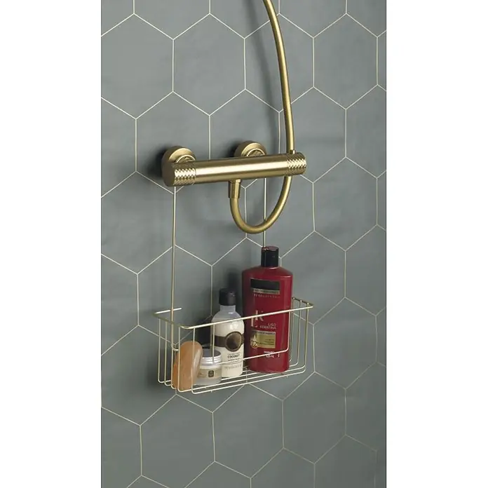 Tatay Cesta de baño Air - 28 x 12,5 x 39 cm, Acero, Dorado - Cesta de ducha con acabado dorado colgando de una barra de ducha, con jabón, champú y acondicionador.