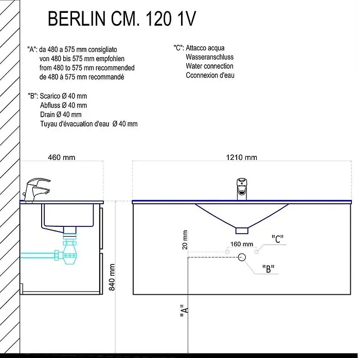 Kiamami Valentina Badmöbel-Set - Weiß - Technische Zeichnung eines BERLIN CM. 120 1V Waschbeckens mit Maßen und Anschlusspunkten für Wasser und Abfluss.