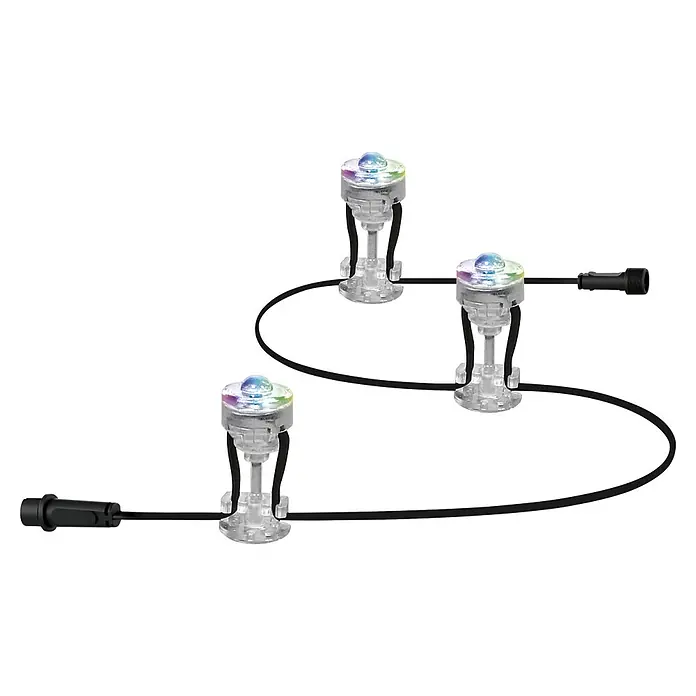 Ledvance Smart+ LED-Panel Gardenspot Mini RGBW 3ST - Dimmbarkeit: Dimmbar, Durchmesser: 23 mm, Leuchtmittel: LED, IP65, II - Drei klare Kunststoff-Erdspieße mit mehrfarbigen Köpfen, verbunden durch ein schwarzes Kabel mit Endsteckern.
