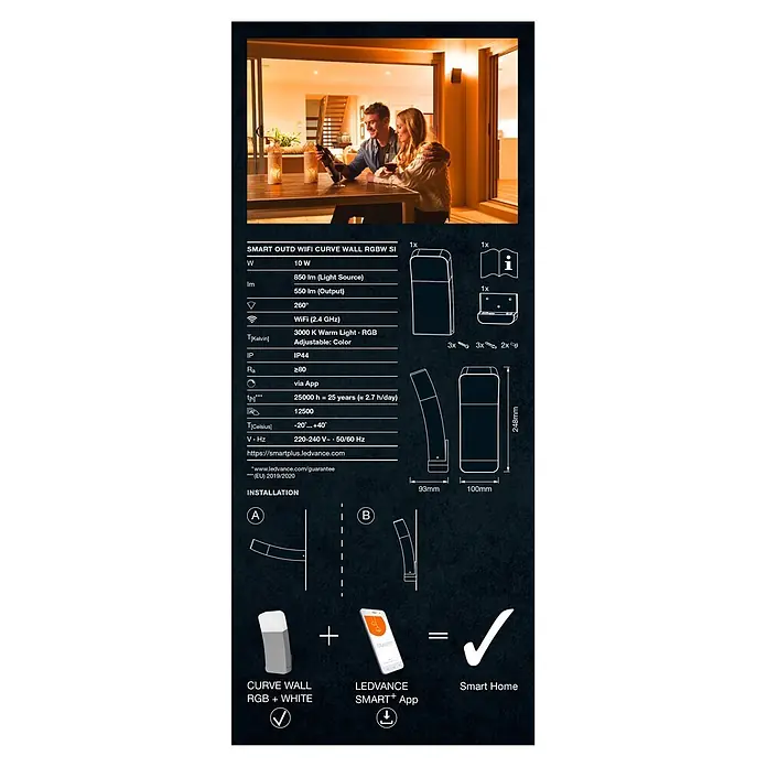 Ledvance Smart+ LED-Deckenleuchte rund Curve Dowm RGBW - RGBW - Weiße, gebogene smarte RGBW-Außenwandleuchte, beleuchtet eine Terrasse. Kompatibel mit Smart-Home-Apps.
