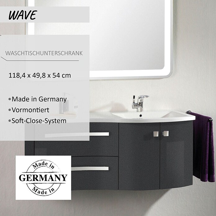 Camargue Wave Waschtischunterschrank (54 x 120 x 50 cm, Rechts, Grafit, Hochglanz)