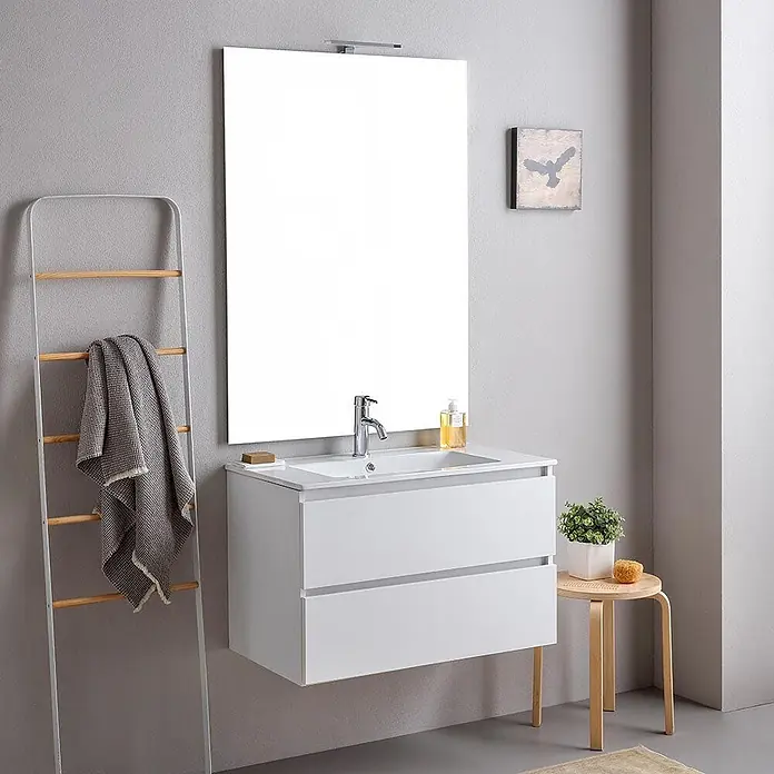 Kiamami Valentina Badmöbel-Set - Weiß - Weißer wandmontierter Badezimmerschrank mit integriertem Waschbecken und zwei Schubladen.