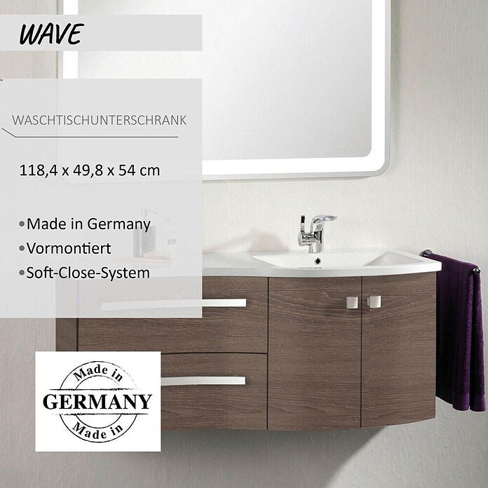 Camargue Wave Waschtischunterschrank (54 x 120 x 50 cm, Rechts, Eiche Maron, Matt)