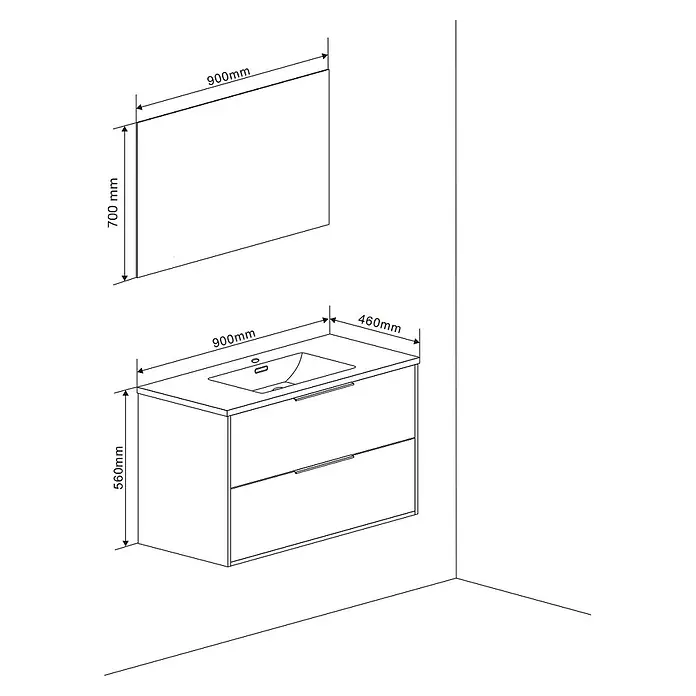 Kiamami Valentina Badmöbel-Set - Weiß - Wandhängender Badschrank mit integriertem Waschbecken und zwei Schubladen, kombiniert mit einem rechteckigen Spiegel.