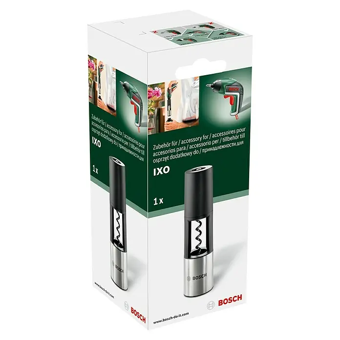 Bosch Korkenzieheraufsatz - Passend für: Bosch Easy Akkuschrauber IXO III/IV/V/VI - Bild einer IXO-Weinöffner-Aufsatzverpackung, ein praktisches Zubehör für Ihren Bosch-Akkuschrauber.