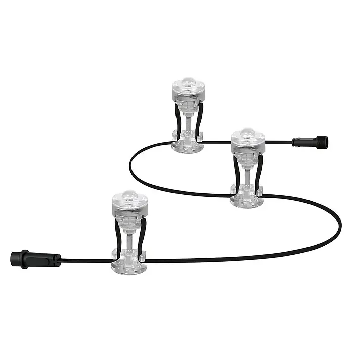 Ledvance Smart+ LED-Panel Gardenspot Mini RGBW 3ST - Dimmbarkeit: Dimmbar, Durchmesser: 23 mm, Leuchtmittel: LED, IP65, II - Drei klare Kunststoff-Wegeleuchten, verbunden mit schwarzem Kabel und Steckern.
