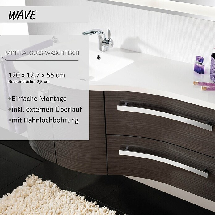 Camargue Wave Einbauwaschbecken (55 x 120 cm, Links, Mineralguss, Weiß)