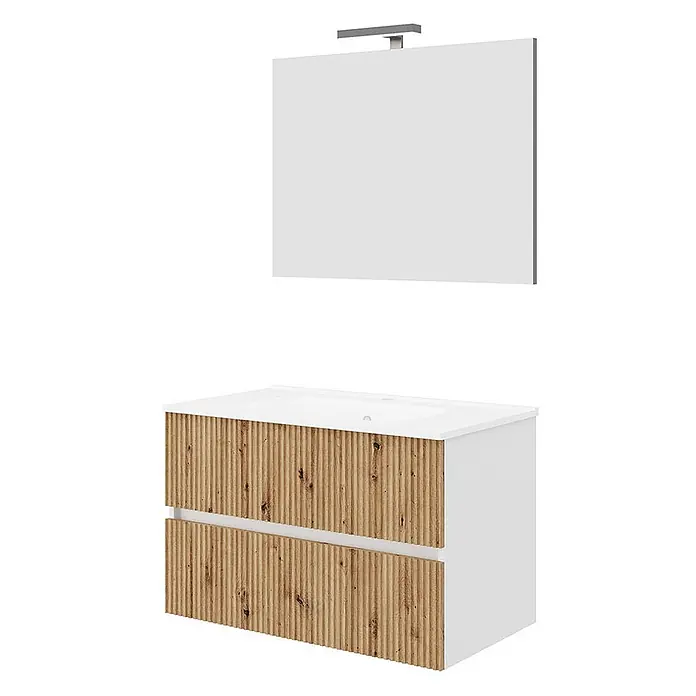 Kiamami Valentina Badmöbel-Set - Helles Holz - Weißer Badezimmer-Waschtisch mit geriffelten Holzschubladen, integriertem Waschbecken und passendem Spiegel mit Oberlicht.