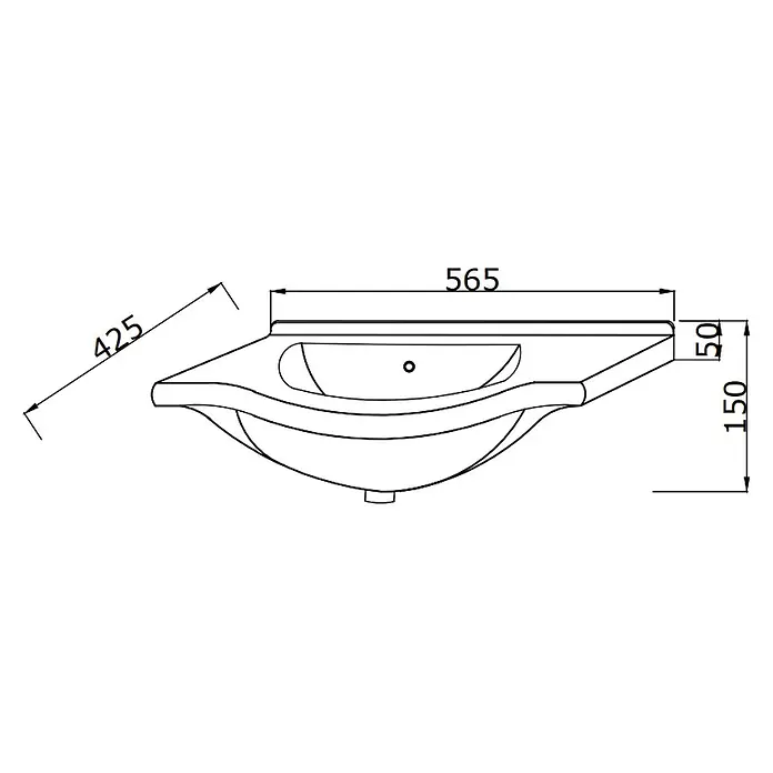 Kiamami Valentina Badmöbel-Set - Weiß - Technische Zeichnung eines Waschbeckens mit Abmessungen: Breite 565mm, Tiefe 425mm, Gesamthöhe 150mm, und Randhöhe 50mm.