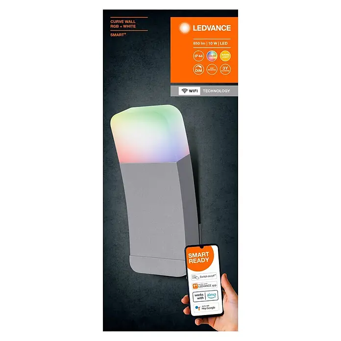 Ledvance Smart+ LED-Deckenleuchte rund Curve Dowm RGBW - RGBW - Eine graue, geschwungene LEDVANCE Smart-Wandleuchte, die farbiges Licht abstrahlt und über eine Smartphone-App gesteuert wird.