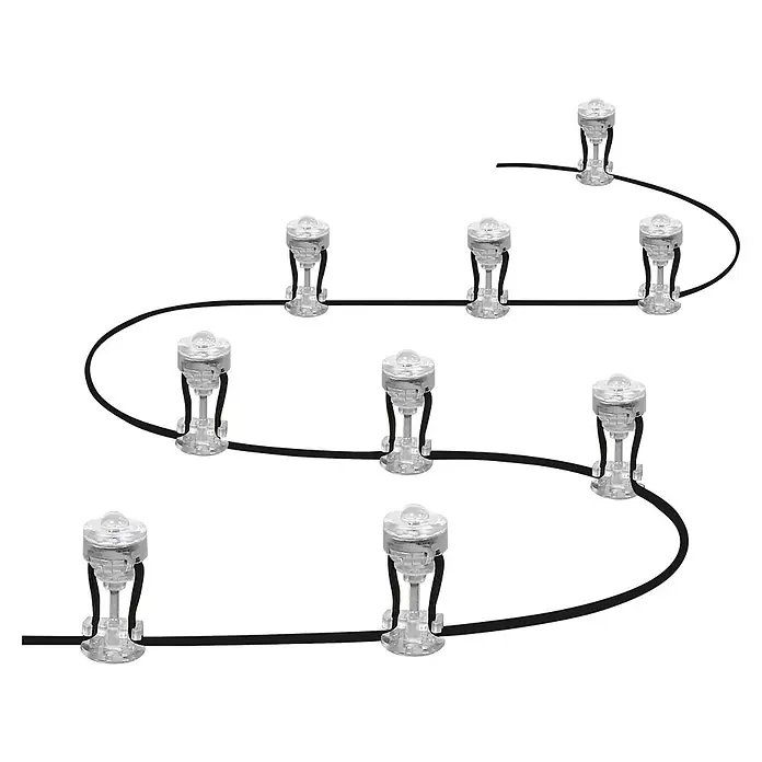 Ledvance Smart+ LED-Außenstrahler Gardenspot Mini RGBW 9 - 7,5 W, IP65, 9 Stk. - Klare LED-Leuchten mit schwarzem Kabel in Wellenform.