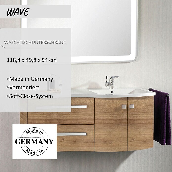Camargue Wave Waschtischunterschrank (54 x 120 x 50 cm, Rechts, Berg Eiche, Matt)