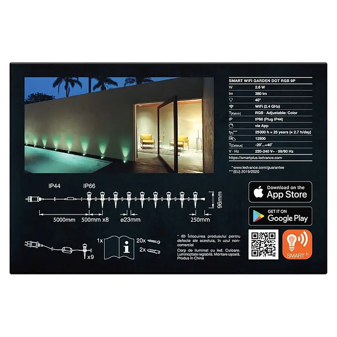 Ledvance Smart+ LED-Außenstrahler Gardenspot Mini RGBW 9 - 7,5 W, IP65, 9 Stk. - Smarte WiFi RGB Gartenpunktleuchten beleuchten eine Außenwand an einem Pool, mit Produktspezifikationen und Montagediagrammen.