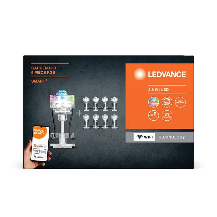 Ledvance Smart+ LED-Außenstrahler Gardenspot Mini RGBW 9 - 7,5 W, IP65, 9 Stk. - LEDVANCE Garden Dot 9-teiliges RGB Smart-Lichtset auf der Verpackung, mit Controller, 8 Dots und Smartphone.