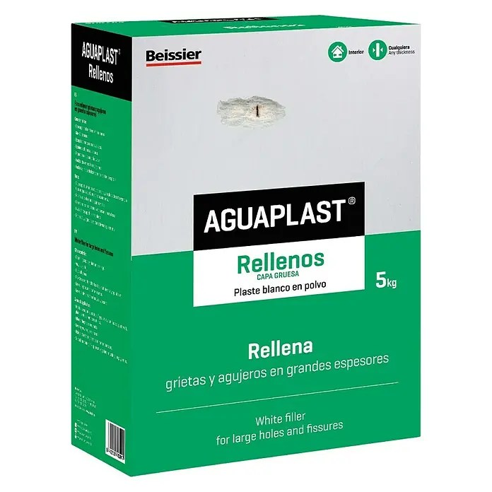 Beissier Aguaplast Plaste Rellenos capa gruesa - Blanco, 5 kg - Caja de AGUAPLAST Rellenos, masilla para rellenar grietas y agujeros en interiores, paquete de 5 kg, ideal para reparaciones en el hogar.