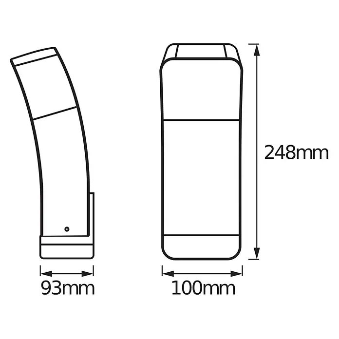Ledvance Smart+ LED-Deckenleuchte rund Curve Dowm RGBW - RGBW - Technische Zeichnung einer 248mm hohen Leuchte mit Breiten von 93mm und 100mm, Vorder- und Seitenansicht.
