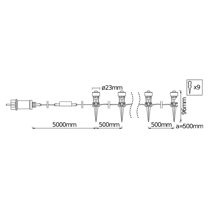 Ledvance Smart+ LED-Außenstrahler Gardenspot Mini RGBW 9 - 7,5 W, IP65, 9 Stk. - Technisches Diagramm von neun spießmontierten Außenleuchten an einer Kette, mit Maßen: Ø23mm, H96mm, 500mm Abstand, 5000mm Zuleitung.