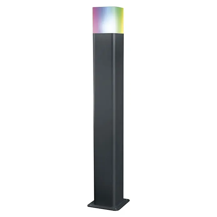 Ledvance Smart+ Außenstehleuchte Cube 50cm RGBW - Farbe Gehäuse: Grau, RGBW, 120 x 120 x 500 mm, Mit Leuchtmittel - Dunkelgraue rechteckige Außenpollerleuchte mit beleuchteter, mehrfarbiger LED-Oberseite.