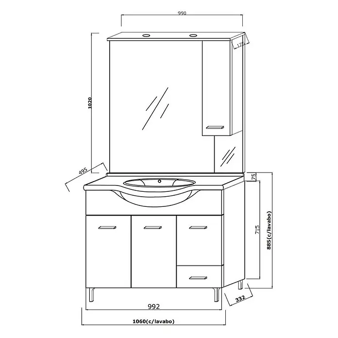 Kiamami Valentina Badmöbel-Set - Weiß - Weißer Badunterschrank mit integriertem Waschbecken und Spiegelschrank mit Seitenfach.