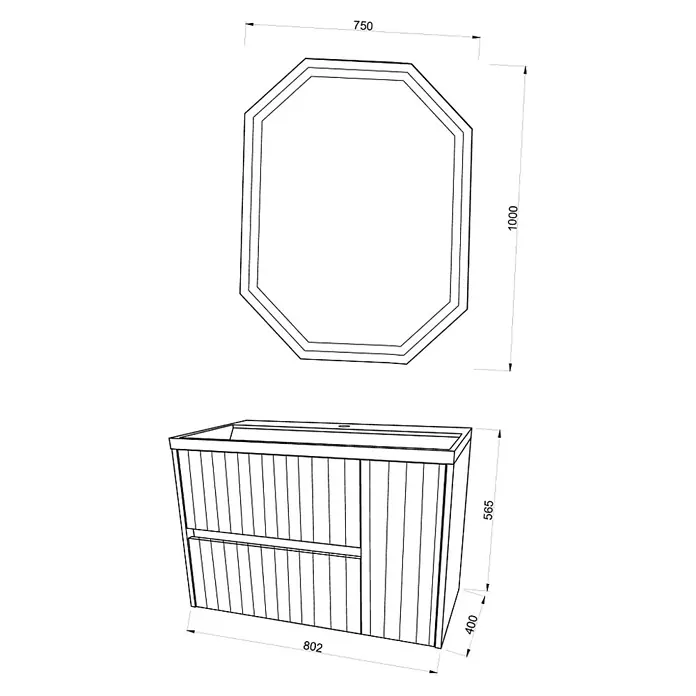 Kiamami Valentina Badmöbel-Set - Braun - Technische Zeichnung eines achteckigen Badezimmerspiegels (750x1000) und eines Waschtischunterschranks (802x400x565) im Lamellendesign.