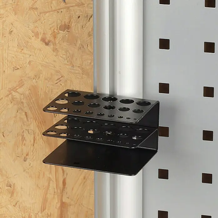 Wolfcraft Soporte portaherramientas - Apto para: Puntas - Soporte de herramientas negro con múltiples agujeros y tres estantes, ideal para organizar herramientas en un banco de trabajo o pared.
