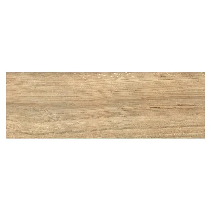 Pavimento cerámico Selva - 19 x 57 cm, Beige - Panel de madera marrón claro con textura de veta natural.