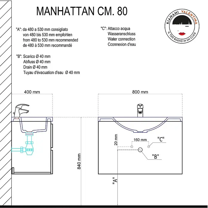 Kiamami Valentina Badmöbel-Set - Weiß - Technische Zeichnung eines MANHATTAN CM. 80 Waschbeckens mit Maßen (800x400x840 mm) und Anschlüssen für Abfluss (Ø 40 mm) und Wasser.