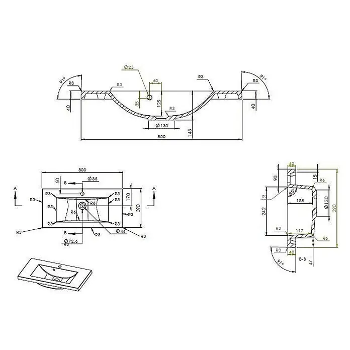 Kiamami Valentina Badmöbel-Set - Weiß - Technische Zeichnungen eines rechteckigen Waschbeckens mit integrierter Schale, Maße und Querschnitte zeigend.