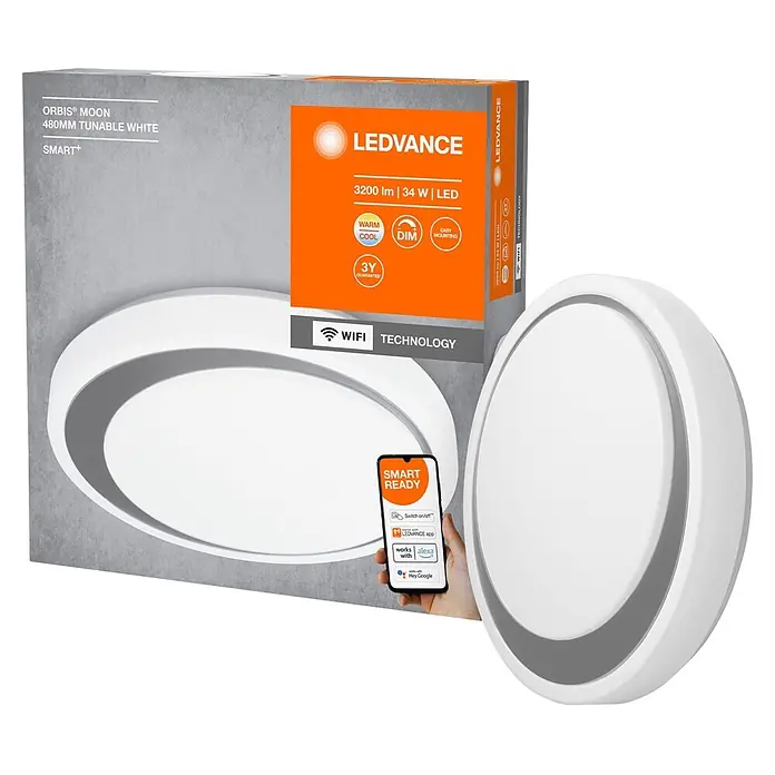 Ledvance Smart+ WiFi LED-Deckenleuchte rund Ceiling Moon - 32 W, Ø x H: 480 x 86 mm, Weiß/Silber - LEDVANCE Orbis Moon Smart-Deckenleuchte, 480mm, abstimmbares Weiß, weiß mit grauem Akzent, mit Verpackung.