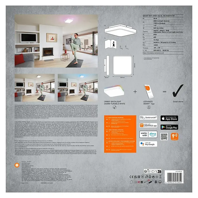 Ledvance LED-Deckenleuchte - 28 W, L x B x H: 35 x 35 x 9 cm, Weiß, RGBW - Smart WiFi Orbis quadratische LED-Deckenleuchtenverpackung, zeigt Merkmale, technische Daten und Smart-Home-Kompatibilität.
