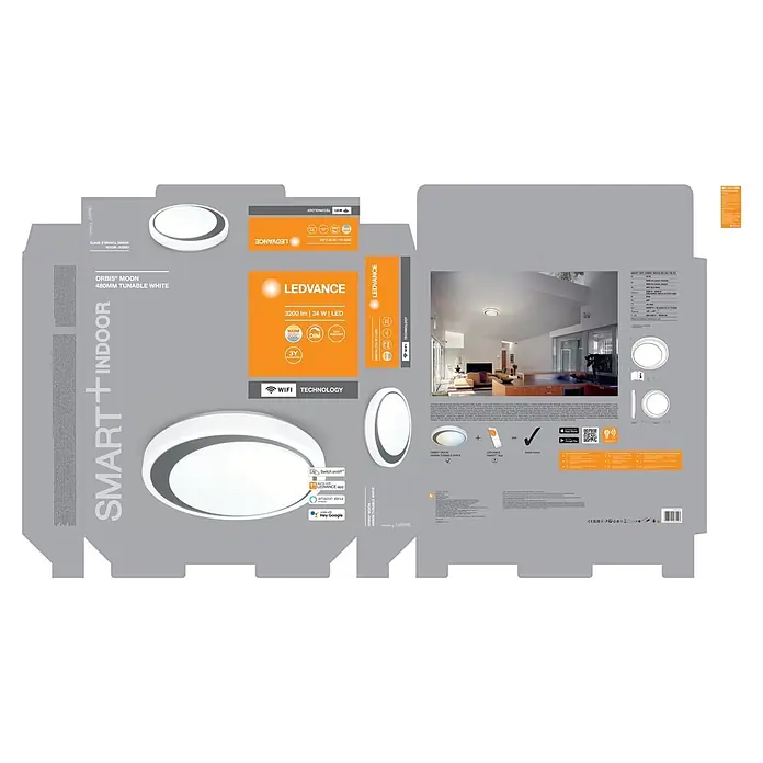 Ledvance Smart+ WiFi LED-Deckenleuchte rund Ceiling Moon - 32 W, Ø x H: 480 x 86 mm, Weiß/Silber - Weiße LEDVANCE Smart+ ORBIS® MOON 480mm abstimmbare weiße Indoor-Deckenleuchte mit WiFi-Technologie auf Verpackung.