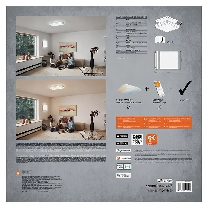 Ledvance LED-Deckenleuchte - 42 W, L x B x H: 45 x 45 x 8,6 cm, Weiß, Mehrfarbig - Verpackung der smarten LED-Deckenleuchte: quadratische weiße Leuchte, technische Daten, App-Integration und Anwendung in modernem Raum.
