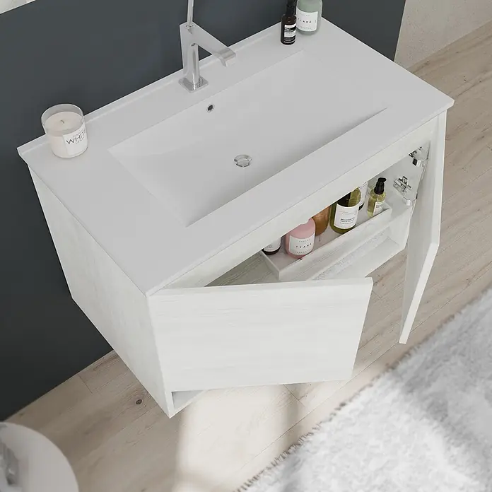 Kiamami Valentina Badmöbel-Set - Weiß - Weißer Badunterschrank in Holzoptik mit integriertem Waschbecken, offener Schrank mit Stauraum für Toilettenartikel und Handtücher.