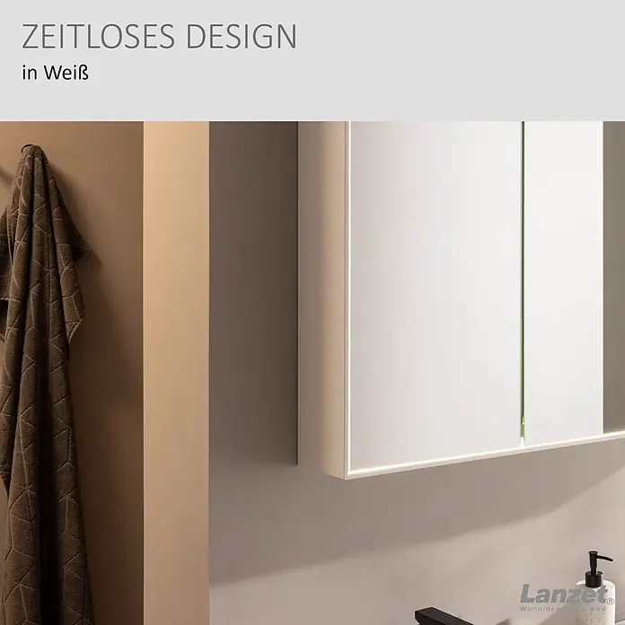 Lanzet Dune LED-Spiegelschrank - B x H: 101,8 x 70,2 cm, Holz, Weiß - Weißer Badschrank mit integrierter Beleuchtung, über einem Waschbecken in modernem Badezimmerambiente installiert.