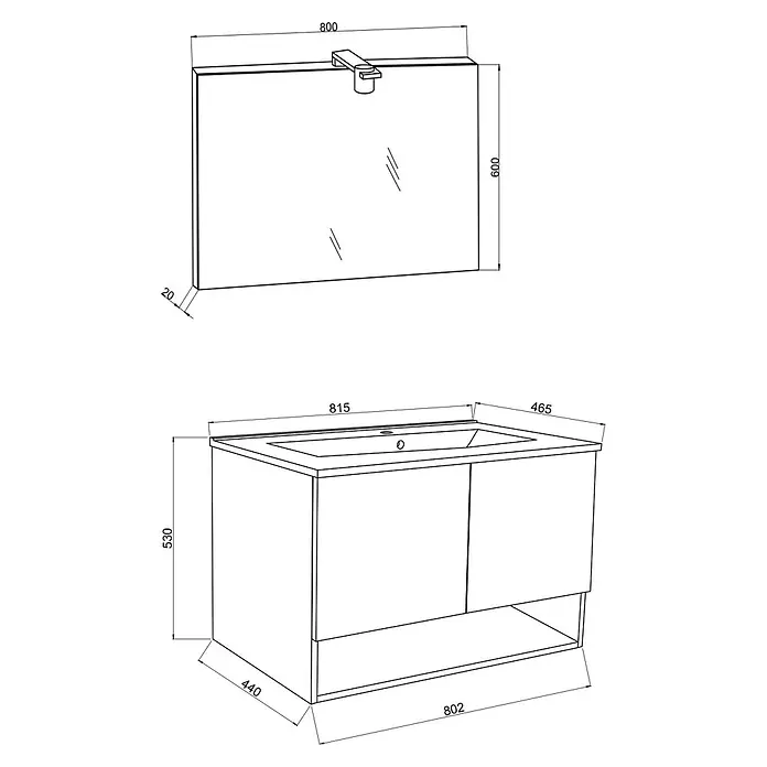 Kiamami Valentina Badmöbel-Set - Helles Holz - Strichzeichnung: rechteckiger Badspiegel (800x600x20mm) mit Leuchte und Waschtischunterschrank (815x465x530mm) mit Einzelwaschbecken.