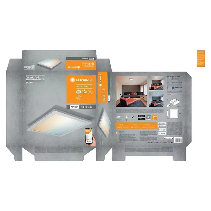 Ledvance Smart+ WiFi LED-Panel Planon Plus - L x B x H: 300 x 300 x 56 mm, Weiß, Warmweiß - Verpackung für eine quadratische LEDVANCE Smart-Panel-Leuchte, die ihr einstellbares Weiß, Dimmbarkeit und Wi-Fi-Steuerung hervorhebt.