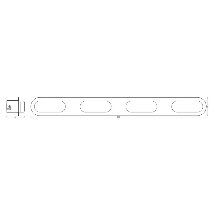 Ledvance LED-Wandstrahler - 27 W, L x B x H: 57,5 x 6 x 5,8 cm, Silber, Mehrfarbig, 4 Stk. - Langes, schmales Paneel mit abgerundeten Enden und vier ovalen Aussparungen. Seitenansicht zeigt Endkappe mit Schraubendetail.