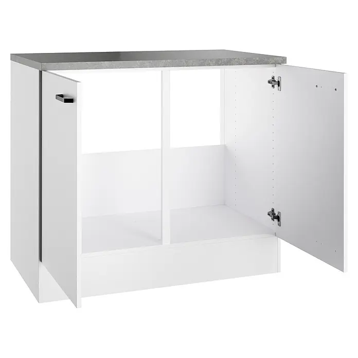 Optifit Optimulti Spülenunterschrank Bonn214 - 60 x 100 x 88 cm, Dekor Front: Weiß - Weißer Küchenunterschrank mit grauer Arbeitsplatte und zwei Türen, eine offen.