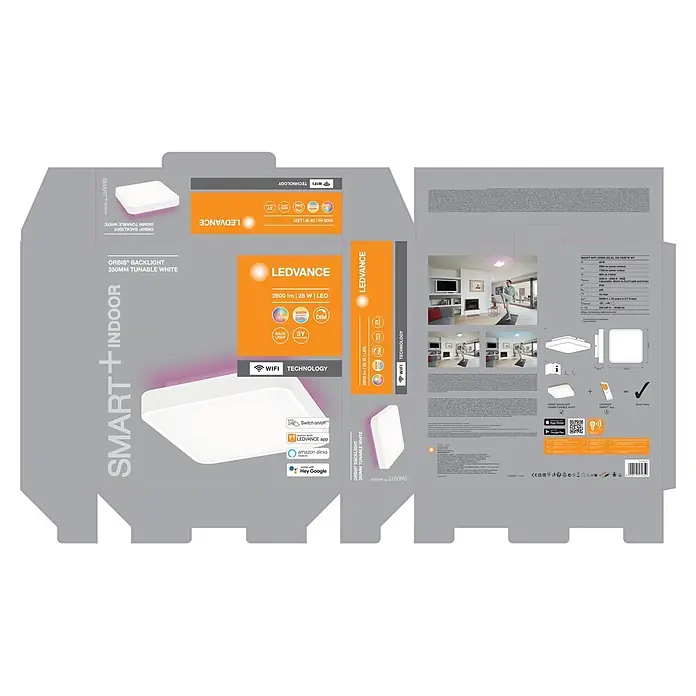 Ledvance LED-Deckenleuchte - 28 W, L x B x H: 35 x 35 x 9 cm, Weiß, RGBW - Verpackung der LEDVANCE Smart+ Orbis LED-Deckenleuchte, mit Wi-Fi-Steuerung, einstellbaren Farben und tunablem Weißlicht.