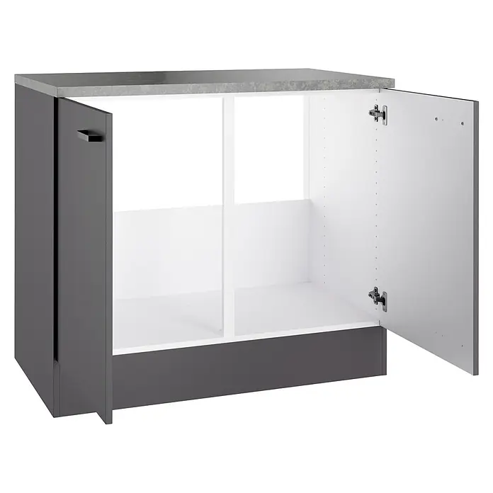 Optifit Optimulti Spülenunterschrank Kiel420 - 60 x 100 x 88 cm, Dekor Front: Grau matt - Grauer Küchenunterschrank mit Steinoptik-Arbeitsplatte. Eine Tür ist offen und zeigt zwei weiße Staufächer.