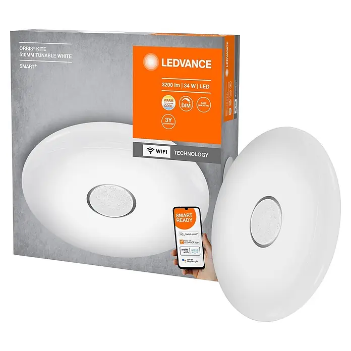 Ledvance Smart+ WiFi LED-Deckenleuchte rund Ceiling Kite - 32 W, Ø x H: 510 x 83 mm, Weiß - Weiße LEDVANCE Orbis Kite smarte, abstimmbare weiße LED-Deckenleuchte, mit Verpackung, die WLAN-Steuerung und Smart-Home-Funktionen hervorhebt.