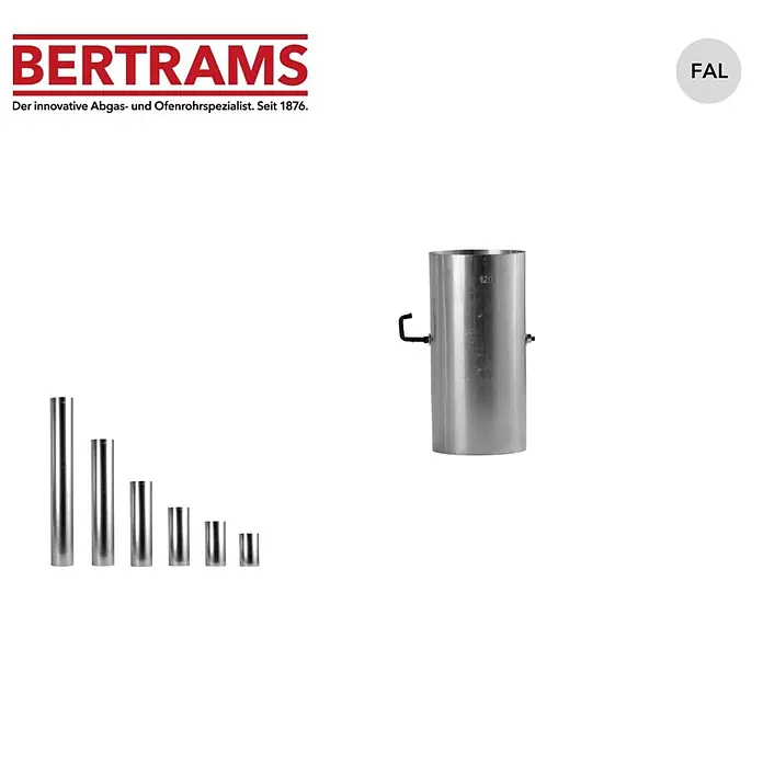 Bertrams Ofenrohr - Ø x L: 120 x 250 mm, Wandstärke: 0,6 mm, Feueraluminiert, Mit Drosselklappe - Set aus silbernen Ofenrohren verschiedener Größen, mit einem größeren Rohr mit Griff.