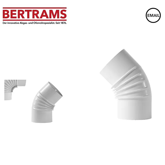 Bertrams Rohrbogen DM 120 - Durchmesser: 120 mm, 45 ° - Weißes, geriffeltes Metall-Ofenrohr-Kniestück für Abgassysteme.